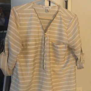 Calvin Klein top beige & white strip gold zipper